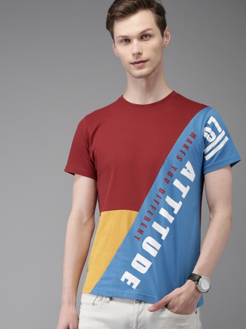

Moda Rapido Men Maroon & Blue Colourblocked Round Neck T-shirt
