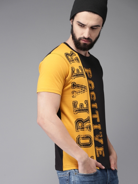 

Moda Rapido Men Mustard Yellow Black Colourblocked Round Neck Pure Cotton T-shirt