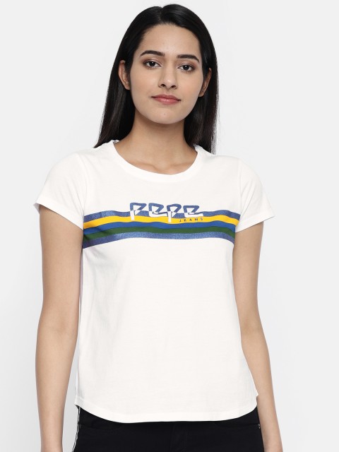 

Pepe Jeans Women White Printed Round Neck Pure Cotton T-shirt