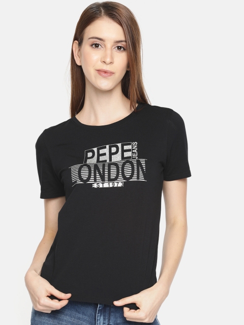 

Pepe Jeans Women Black Printed Round Neck Pure Cotton T-shirt