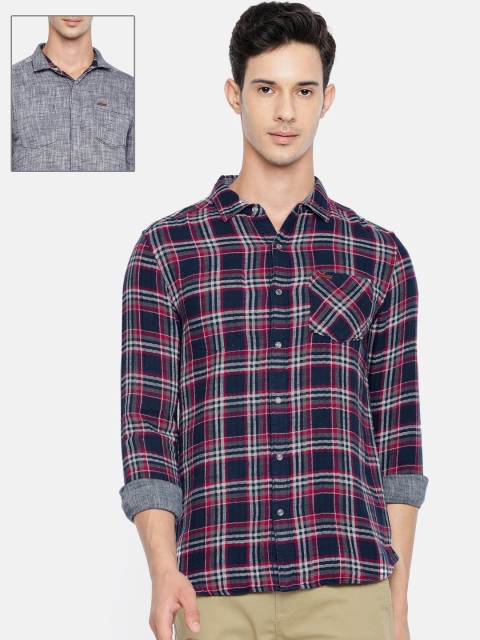 

Wrangler Men Navy Blue & White Regular Fit Checked Reversible Shirt