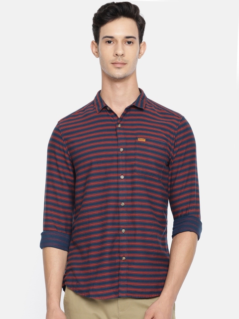 

Wrangler Men Navy Blue & Rust Orange Regular Fit Striped Casual Shirt