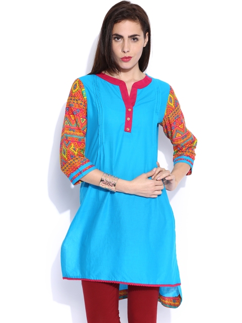 

Aaboli Women Blue Solid High-Low Straight Kurta
