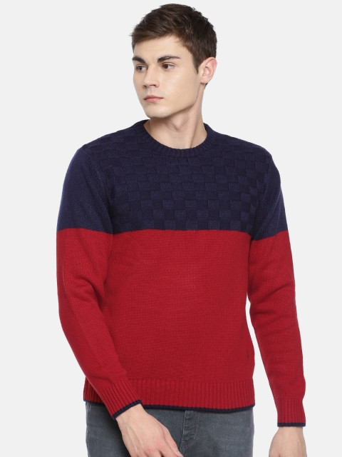 

Lee Men Navy Blue & Red Colourblocked Pullover Sweater