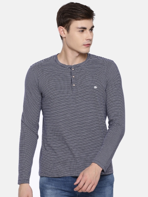 

Lee Men Navy Blue & White Striped Slim Fit Henley Neck T-shirt