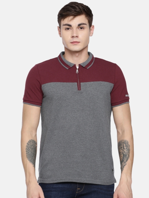 

Lee Men Grey Melange Maroon Colourblocked Polo Collar Pure Cotton T-shirt