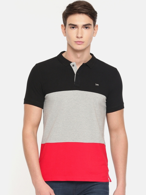 

Lee Men Black Grey Colourblocked Polo Collar Pure Cotton T-shirt