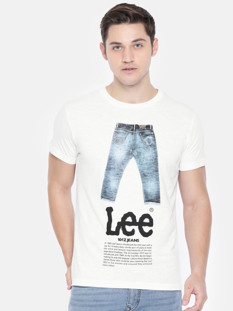 

Lee Men White Printed Round Neck Pure Cotton T-shirt
