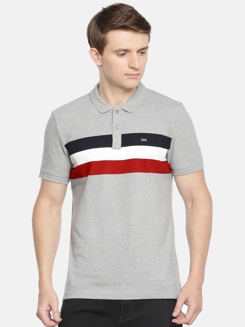 

Lee Men Grey Striped Polo Collar T-shirt