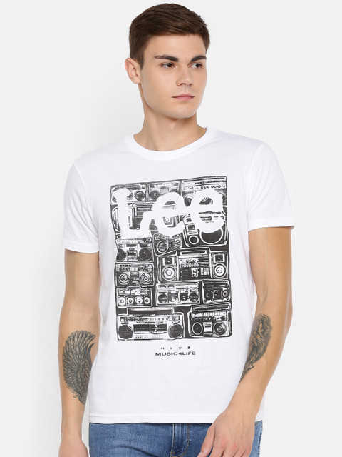 

Lee Men White & Black Printed Round Neck T-shirt