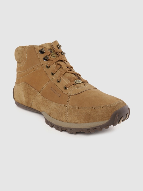 

Woodland Men Camel Brown Solid Nubuck Leather Mid-Top Sneakers