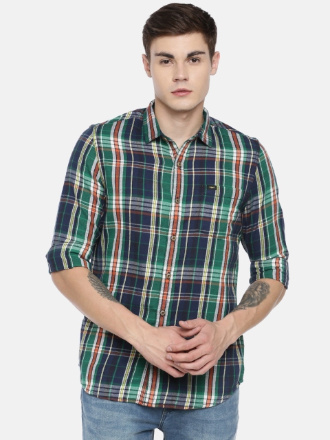 

Lee Men Navy Blue & Green Checked Slim Fit Casual Shirt