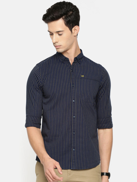 

Lee Men Navy & Yellow Super Slim Fit Striped Casual Shirt, Navy blue