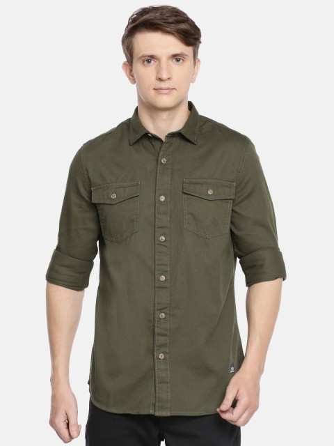 

Lee Men Olive Green Slim Fit Solid Casual Shirt With Detachable Hood