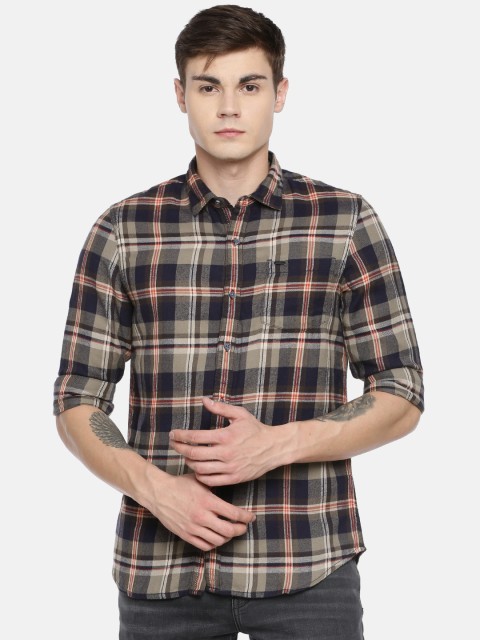 

Lee Men Olive Green & Navy Blue Slim Fit Checked Casual Shirt