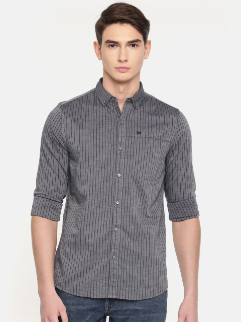 

Lee Men Grey & Navy Blue Super Slim Fit Striped Casual Shirt