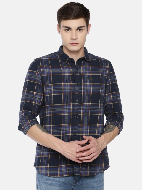 

Lee Men Navy Blue & Yellow Checked Slim Fit Casual Shirt