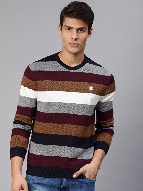 

French Connection Men Navy Blue & Burgundy Striped Sweater