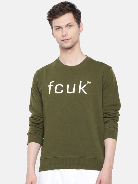 

French Connection Men Olive Green Printed Pullover Sweatshirt