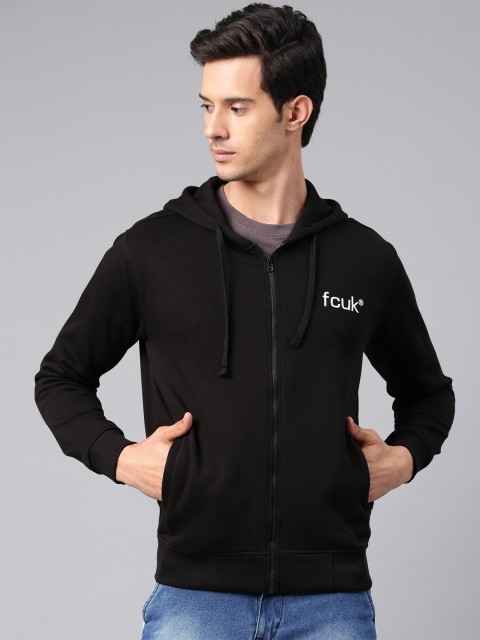 

French Connection Men Black Solid Hooded Sweatshirt