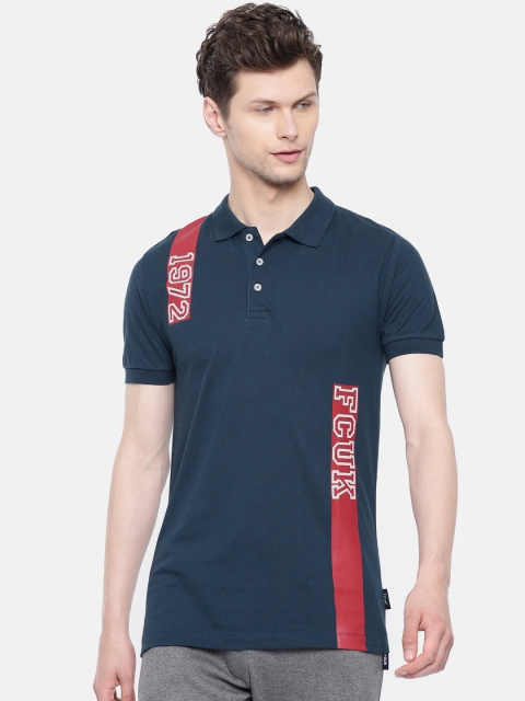 

French Connection Men Navy Blue Printed Polo Collar T-shirt