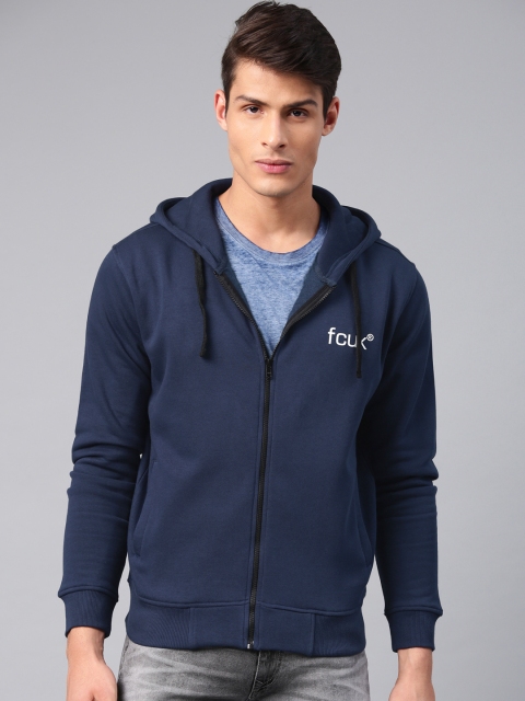 

French Connection Men Navy Blue Solid Hooded Sweatshirt