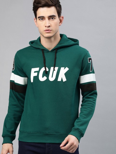 

French Connection Men Green & White Printed Hooded Sweatshirt