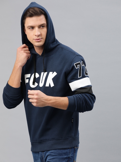 

French Connection Men Navy Blue Printed Hooded Sweatshirt