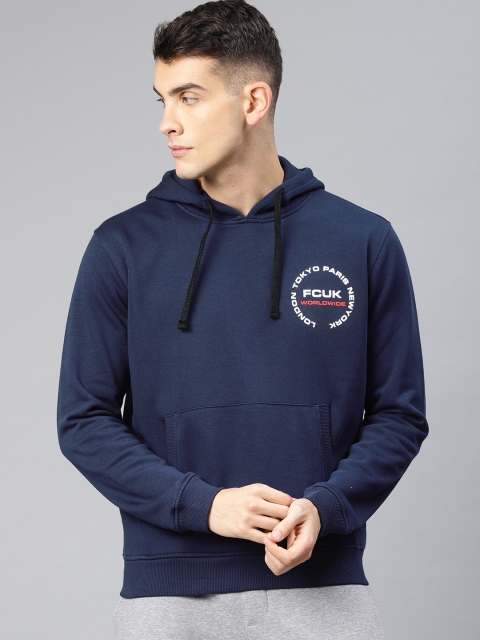 

French Connection Men Navy Blue Solid Hooded Sweatshirt