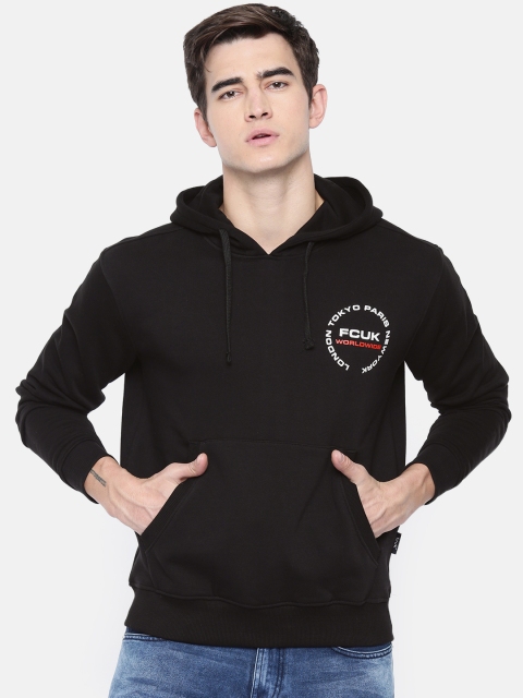 

French Connection Men Black Solid Hooded Sweatshirt