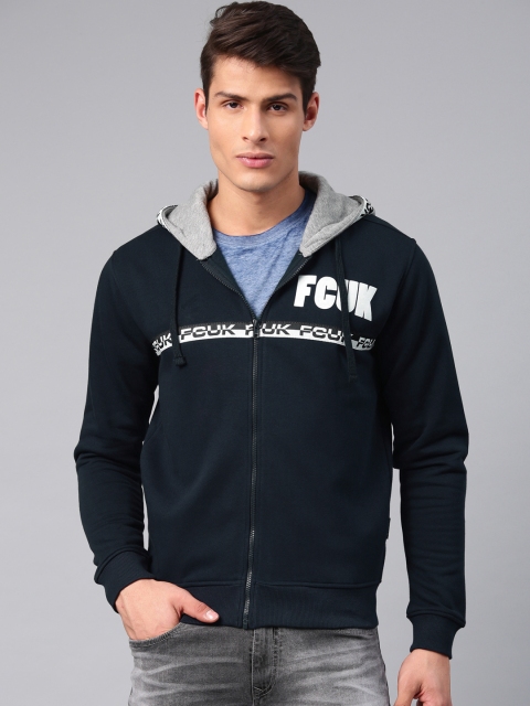 

French Connection Men Navy Blue Solid Hooded Sweatshirt