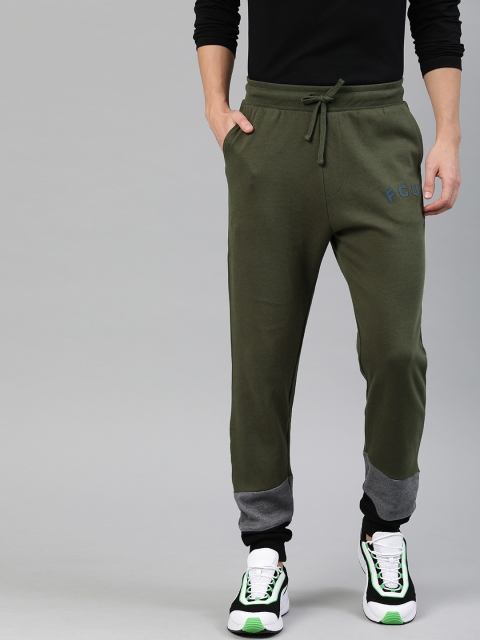 

French Connection Men Olive Green & Grey Colourblocked Slim Fit Joggers