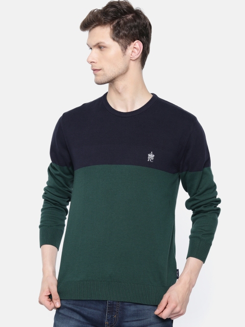 

French Connection Men Green & Navy Blue Colourblocked Sweater