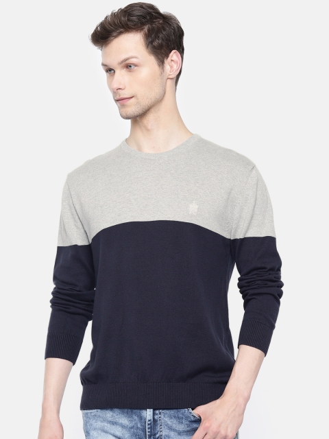 

French Connection Men Grey & Navy Blue Colourblocked Sweater