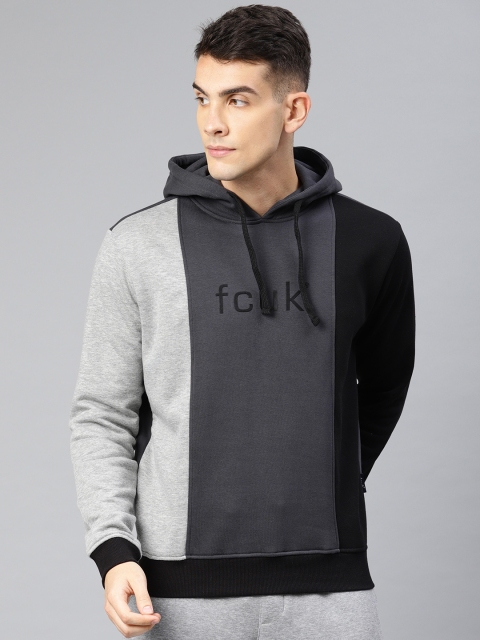 

French Connection Men Grey & Black Colourblocked Hooded Sweatshirt
