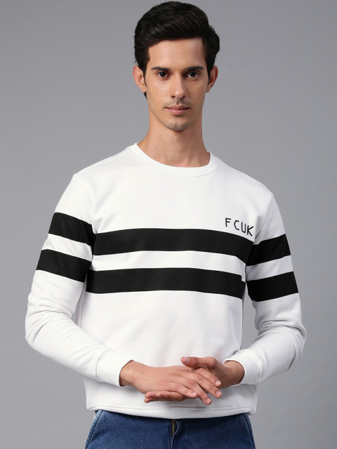 

French Connection Men White & Black Striped Sweatshirt