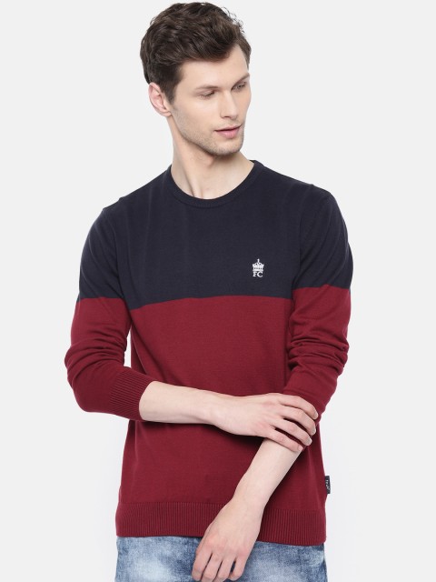 

French Connection Men Maroon & Navy Blue Colourblocked Sweater