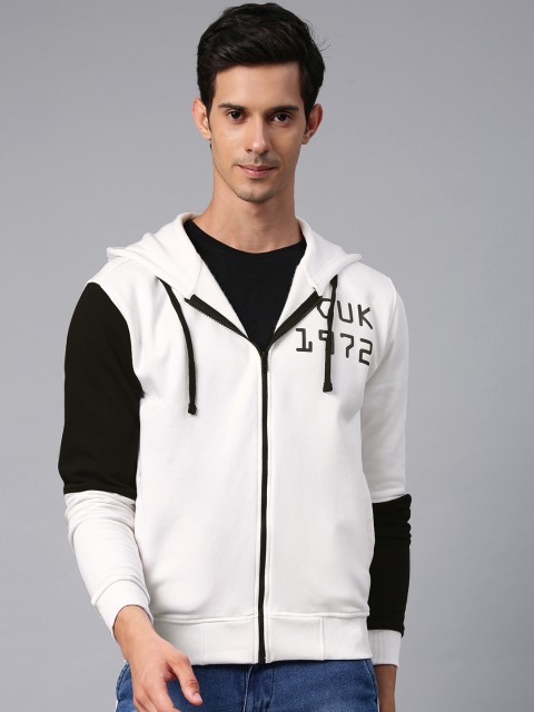 

French Connection Men White Solid Hooded Sweatshirt