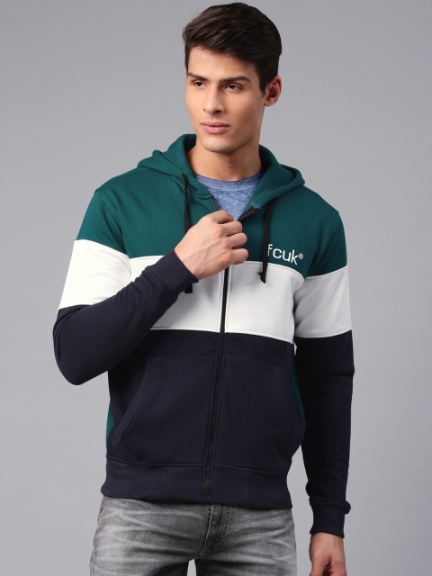 

French Connection Men Teal Blue & Navy Blue Colourblocked Hooded Sweatshirt