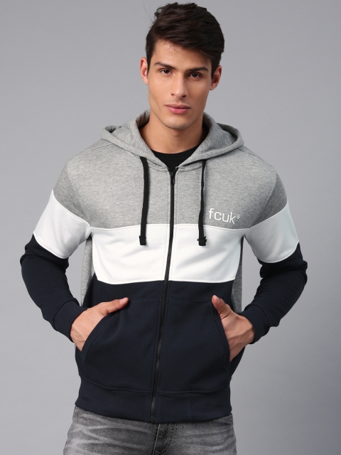 

French Connection Men Grey & Navy Blue Colourblocked Hooded Sweatshirt