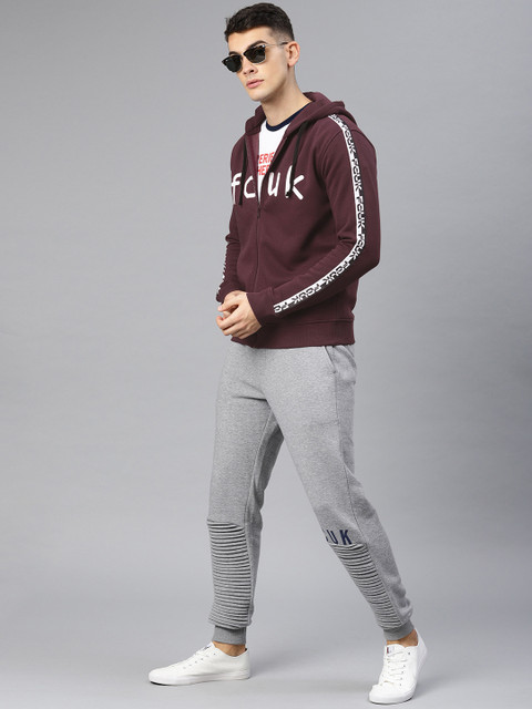 

French Connection Men Maroon Printed Hooded Sweatshirt