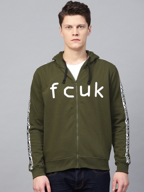 

French Connection Women Olive Green Printed Hooded Sweatshirts
