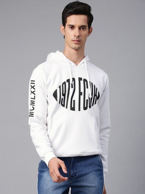 

French Connection Men White Printed Hooded Sweatshirt