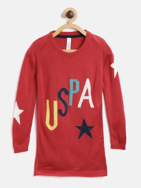 

U.S. Polo Assn. Kids Girls Red Self-Design Sweater Dress