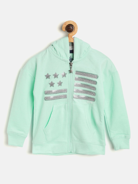 

U.S. Polo Assn. Kids Girls Sea Green Sequinned Hooded Front-Open Sweatshirt