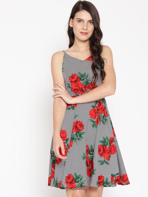 

MABISH by Sonal Jain Women Black & Red Floral Printed Fit & Flare Dress