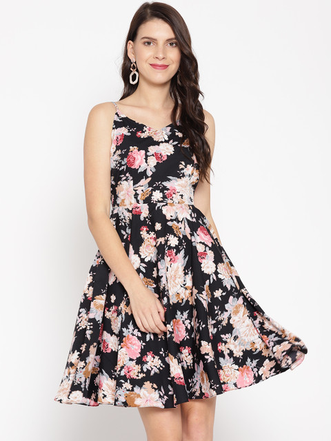 

MABISH by Sonal Jain Women Black & Off-White Floral Printed Fit & Flare Dress