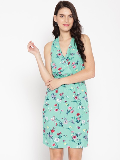 

MABISH by Sonal Jain Women Green & Pink Floral Printed Styled Back Wrap Dress