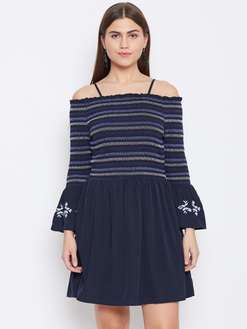 

LA LOFT Women Navy Blue Smocked Striped A-Line Dress