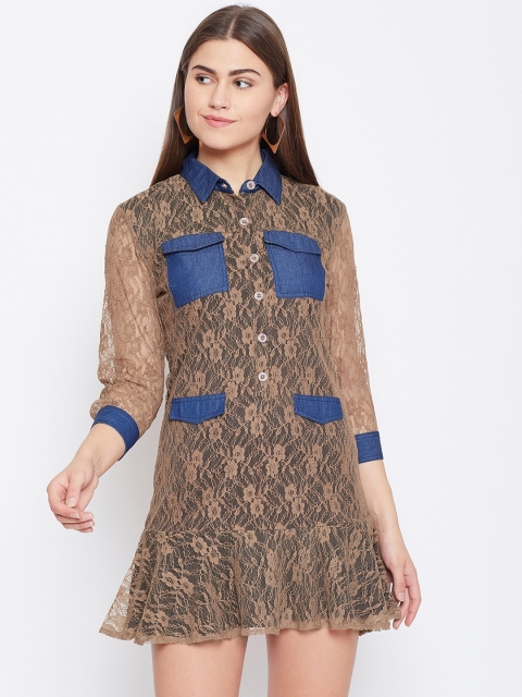 

LA LOFT Women Brown & Navy Blue Lace Shirt Dress